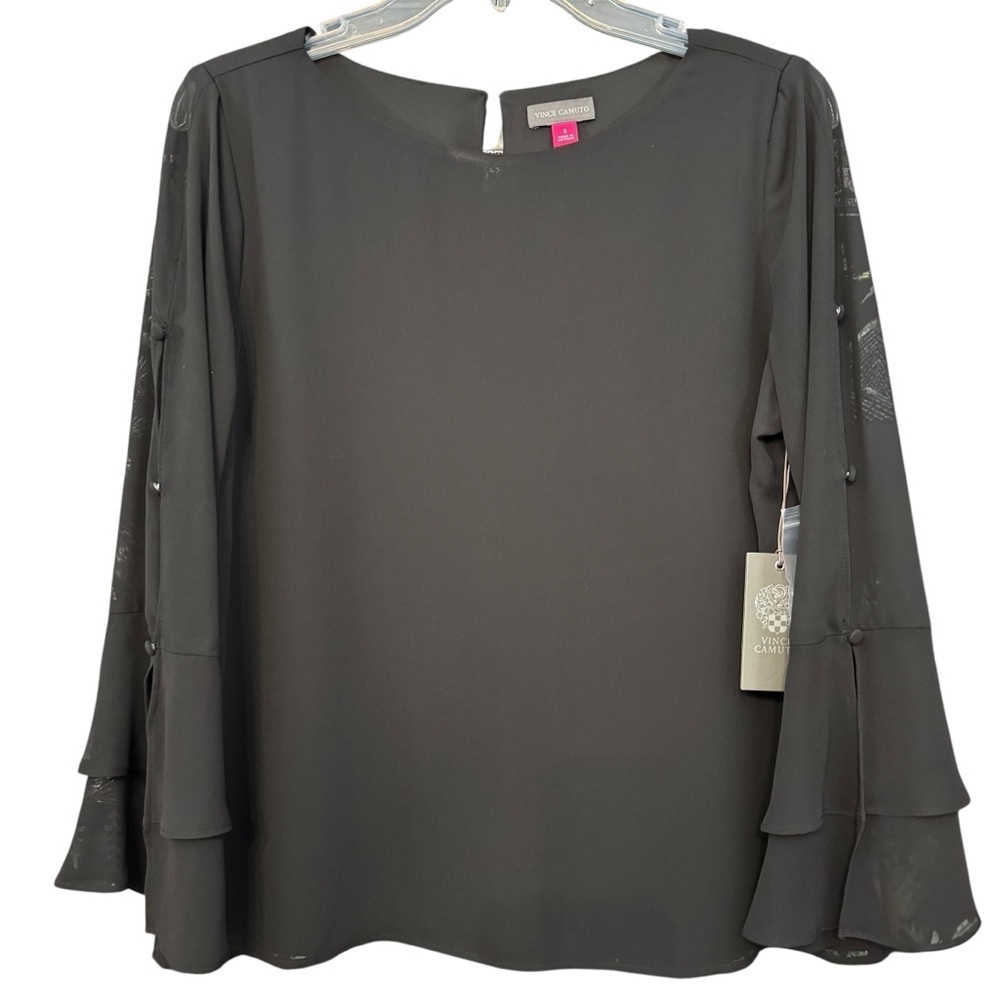 NWT Vince Camuto Sheer Sleeve Ruffle Blouse | Black | Size S